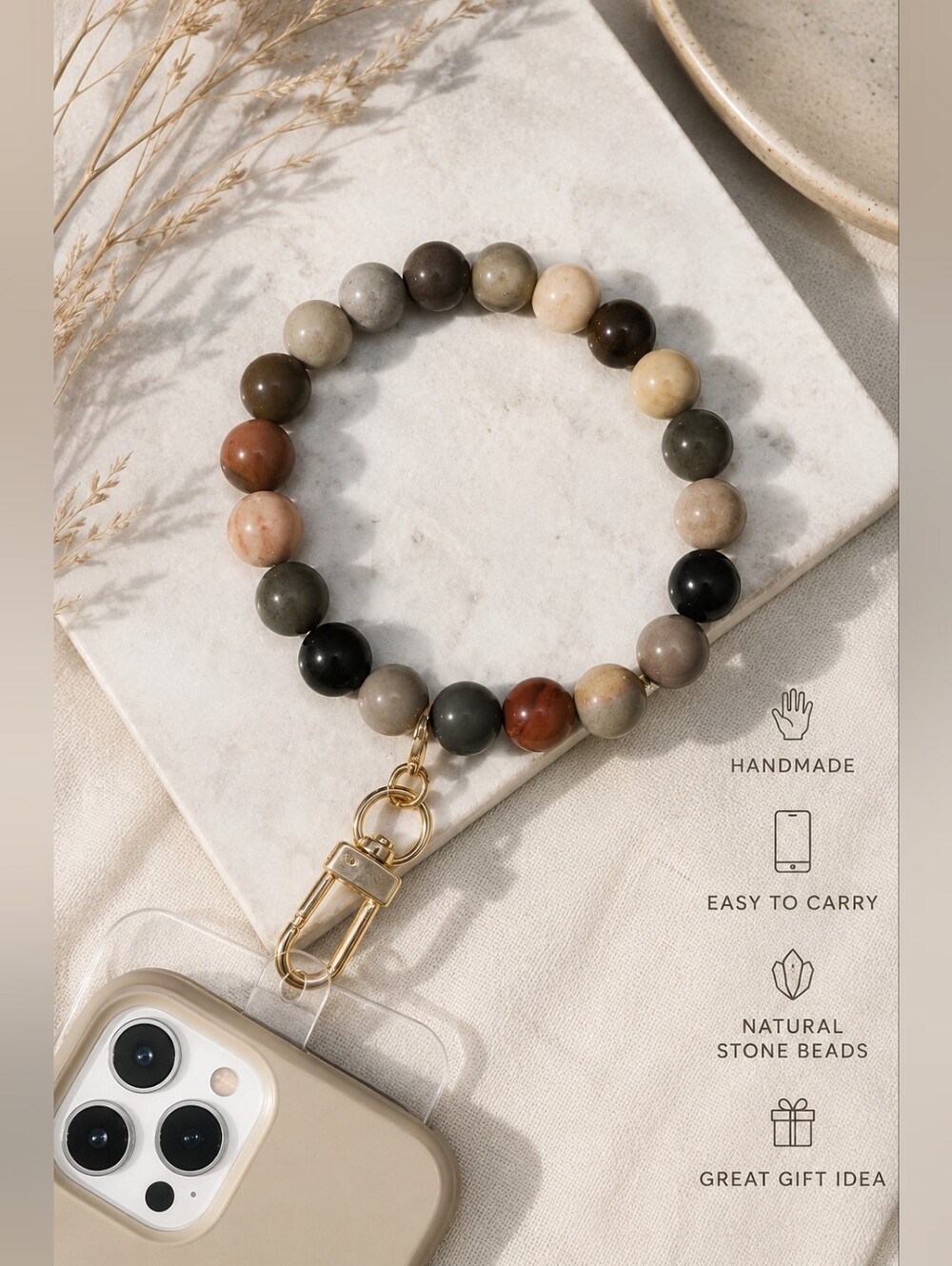 Beaded Wrist Phone Lanyard | Neutral Natural Stone Stretch Wristlet